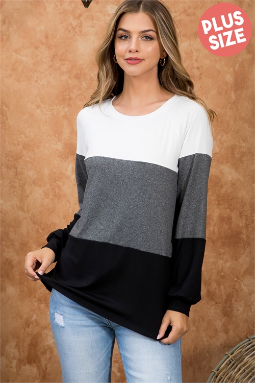 S16-11-2-YMT20006X-IV2TCHLBK - PLUS SIZE ROUND NECK PUFF SLEEVE COLOR BLOCK TOP- IVORY-2TONE CHARCOAL-BLACK 3-2-1