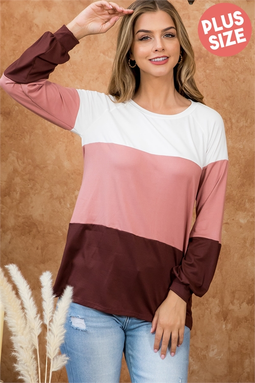 S16-9-1-YMT20006X-IVANTQMV - PLUS SIZE ROUND NECK PUFF SLEEVE COLOR BLOCK TOP- IVORY-ANTIQUE MAUVE-CHERRY BROWN 3-2-1