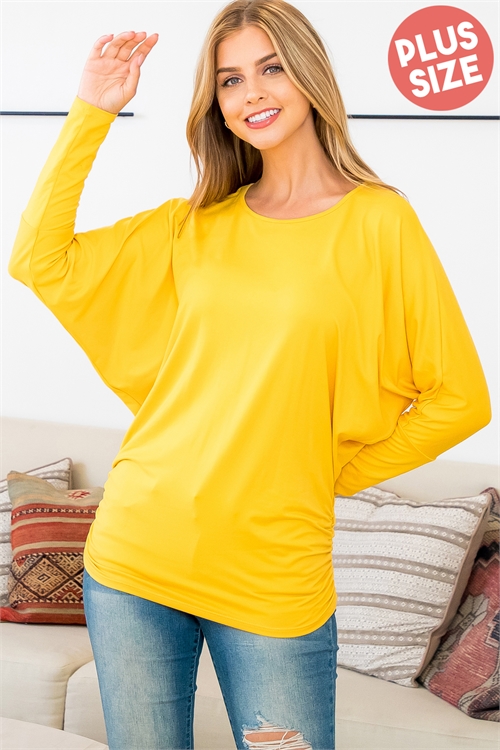 S10-7-3-YMT20007X-DJ - PLUS SIZE SOLID DOLMAN SLEEVE SIDE ELASTIC SHIRRING DETAIL TOP- DIJON 3-2-1