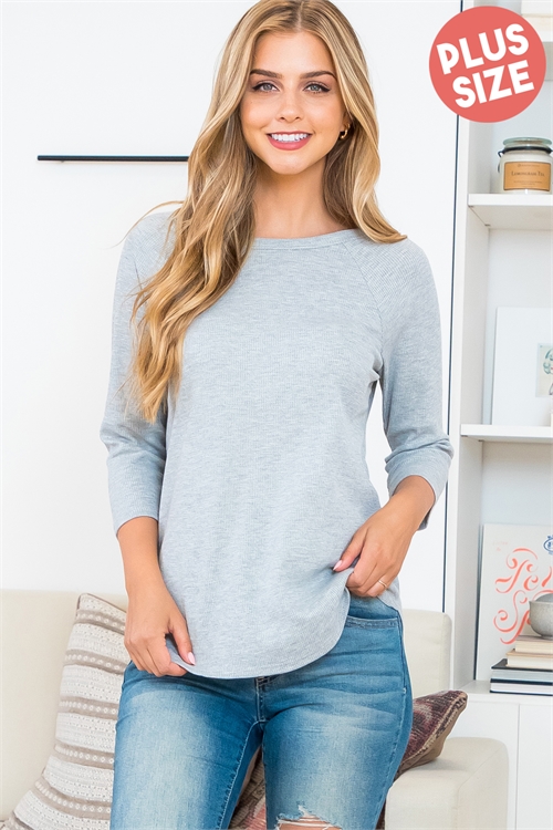 S15-2-3-YMT20008X-HG - PLUS SIZE THERMAL KNIT QUARTER SLEEVE TOP- HEATHER GREY 3-2-1 (NOW $7.50 ONLY! )
