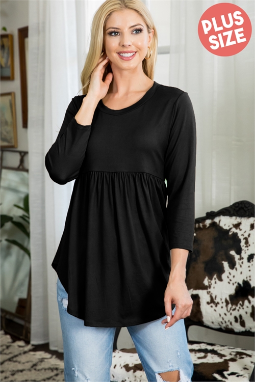 S12-4-3-YMT20010X-BK - PLUS SIZE QUARTER SLEEVE SHIRRING DETAIL SOLID TOP- BLACK 3-2-1