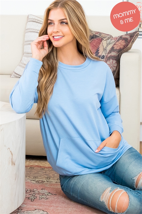 S9-7-2-YMT20011-BBYBL - SOLID FRENCH TERRY LONG SLEEVE TOP WITH KANGAROO POCKET- BABY BLUE 1-2-2-2