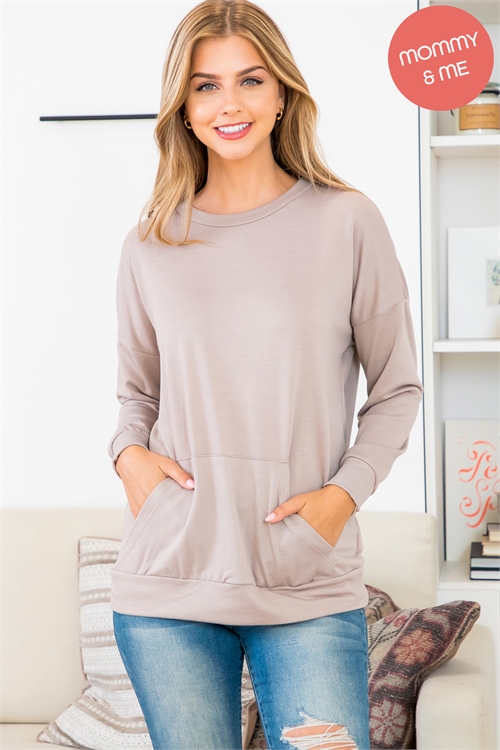 S6-7-3-YMT20011-MC - SOLID FRENCH TERRY LONG SLEEVE TOP WITH KANGAROO POCKET- MOCHA 1-2-2-2
