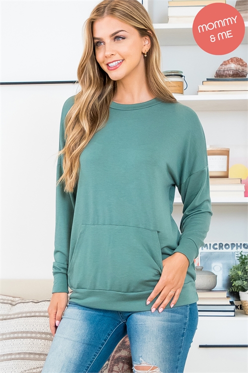 S12-3-3-YMT20011-MLTRGN - SOLID FRENCH TERRY LONG SLEEVE TOP WITH KANGAROO POCKET- MILITARY GREEN 1-2-2-2