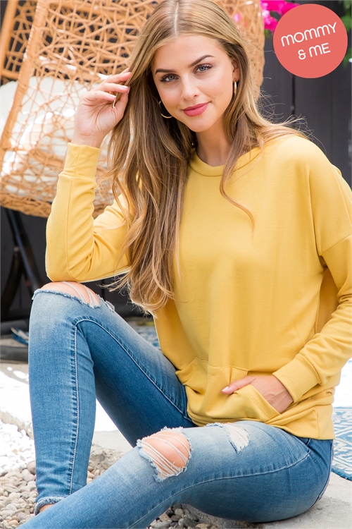 S13-4-2-YMT20011-MU - SOLID FRENCH TERRY LONG SLEEVE TOP WITH KANGAROO POCKET- MUSTARD 1-2-2-2