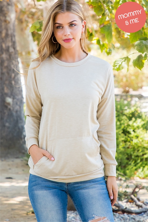 S6-9-3-YMT20011-OTM - SOLID FRENCH TERRY LONG SLEEVE TOP WITH KANGAROO POCKET- OATMEAL 1-2-2-2
