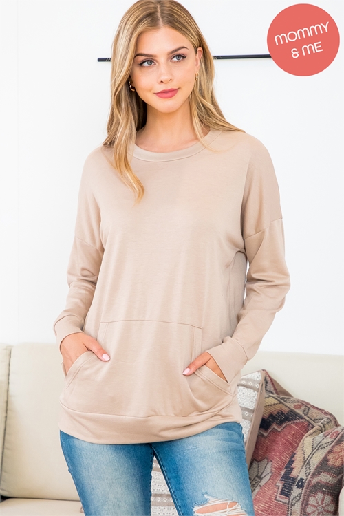 S5-10-2-YMT20011-TP - SOLID FRENCH TERRY LONG SLEEVE TOP WITH KANGAROO POCKET- TAUPE 1-2-2-2