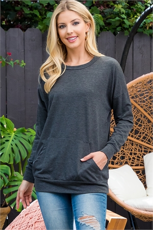 S11-14-4-YMT20011V-CHL - LONG SLEEVE FRENCH TERRY TOP WITH KANGAROO POCKET TOP- CHARCOAL 1-2-0-0