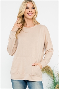 S4-8-1-YMT20011V-STN - LONG SLEEVE FRENCH TERRY TOP WITH KANGAROO POCKET TOP- STONE 1-1-1-1
