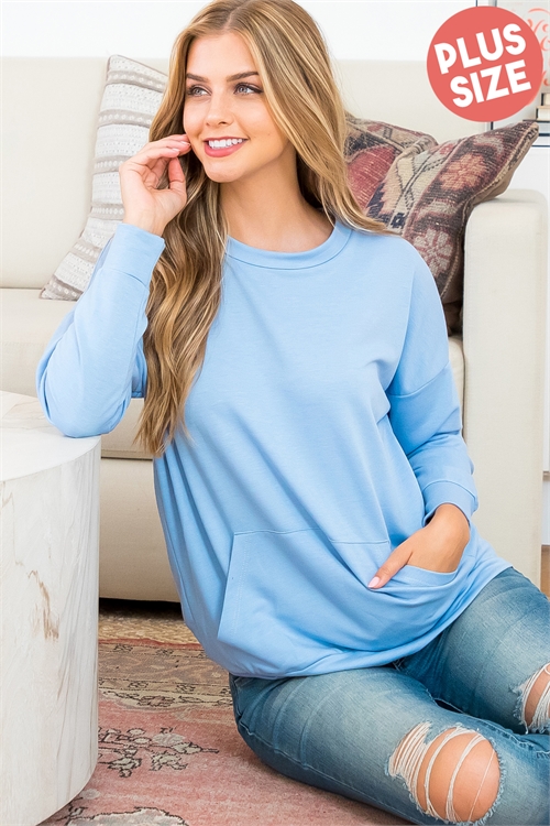 S9-11-4-YMT20011X-BBYBL - PLUS SIZE SOLID FRENCH TERRY LONG SLEEVE TOP WITH KANGAROO POCKET- BABY BLUE 3-2-1