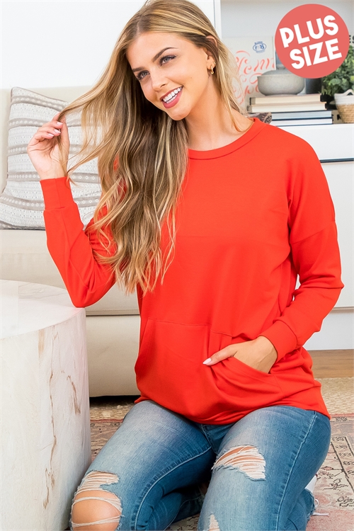 S9-3-3-YMT20011X-LTRD - PLUS SIZE SOLID FRENCH TERRY LONG SLEEVE TOP WITH KANGAROO POCKET- LIGHT RED 3-2-1