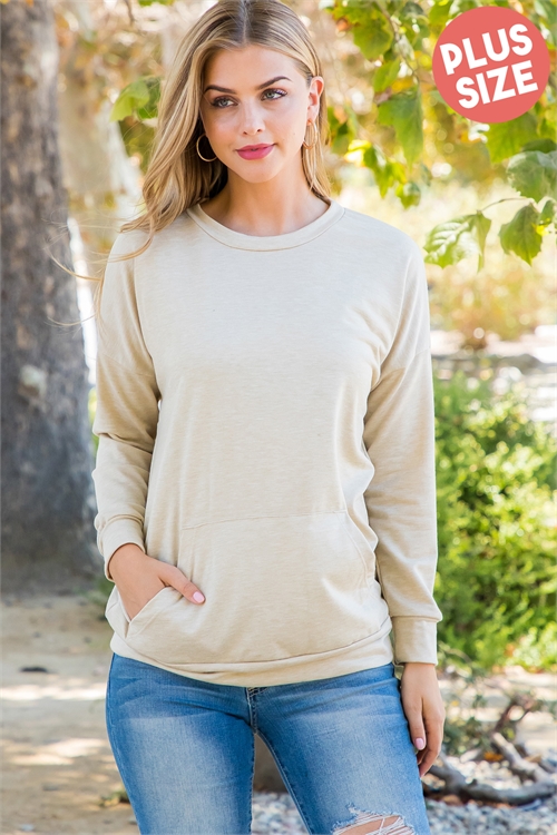 S15-3-4-YMT20011X-OTM - PLUS SIZE SOLID FRENCH TERRY LONG SLEEVE TOP WITH KANGAROO POCKET- OATMEAL 3-2-1