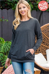 S13-2-3-YMT20011XV-CHL - PLUS SIZE LONG SLEEVE FRENCH TERRY TOP WITH KANGAROO POCKET TOP- CHARCOAL 3-2-1