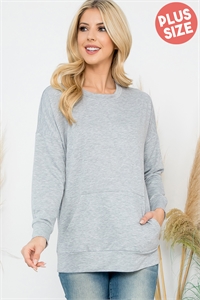 S11-16-4-YMT20011XV-HGLT - PLUS SIZE LONG SLEEVE FRENCH TERRY TOP WITH KANGAROO POCKET TOP- HEATHER GREY LT. 3-2-1
