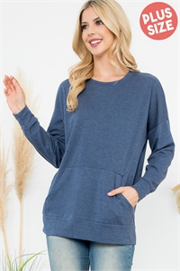 S14-12-3-YMT20011XV-HNV - PLUS SIZE LONG SLEEVE FRENCH TERRY TOP WITH KANGAROO POCKET TOP- H. NAVY 3-2-1