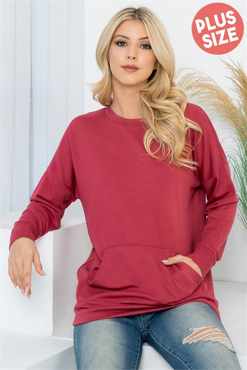 S14-9-3-YMT20011XV-MAR - PLUS SIZE LONG SLEEVE FRENCH TERRY TOP WITH KANGAROO POCKET TOP- MARSALA 3-2-1