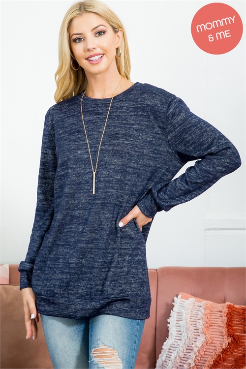 S6-10-3-YMT20015-HTRNV - LONG SLEEVE ROUND NECK PULLOVER TOP- HEATHER NAVY 0-0-2-2