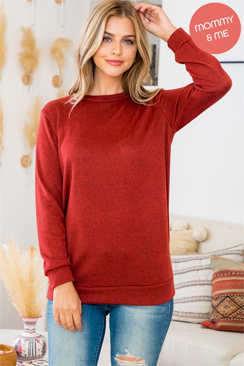 S10-2-3-YMT20015-MAR - LONG SLEEVE ROUND NECK PULLOVER TOP- MARSALA 1-2-2-2 (NOW $6.75 ONLY!)