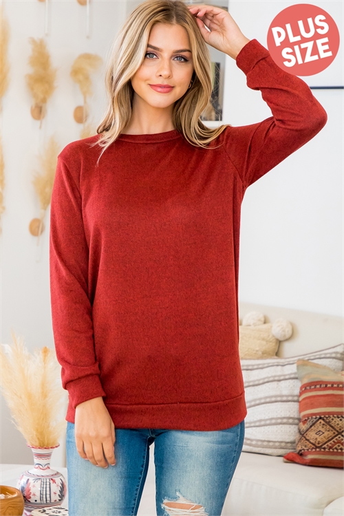 S4-10-2-YMT20015X-MAR-1 - PLUS SIZE LONG SLEEVE ROUND NECK PULLOVER TOP- MARSALA 2-1-1