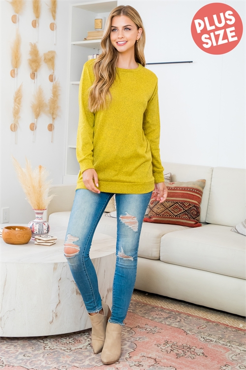 S9-14-4-YMT20015X-MU-1 - PLUS SIZE LONG SLEEVE ROUND NECK PULLOVER TOP- MUSTARD 2-4-0