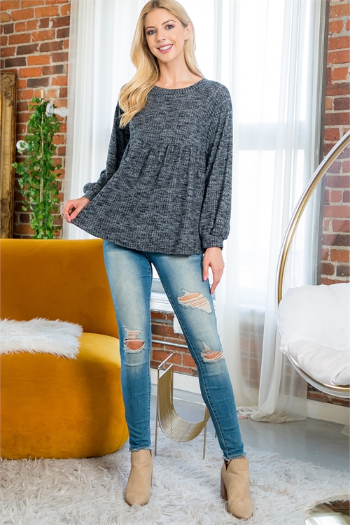 S14-8-2-YMT20017-BKCHB - PUFF SLEEVE BOAT NECKLINE WAFFLE TOP- BLACK CHAMBRAY 1-2-2-2 (NOW $8.75 ONLY!)