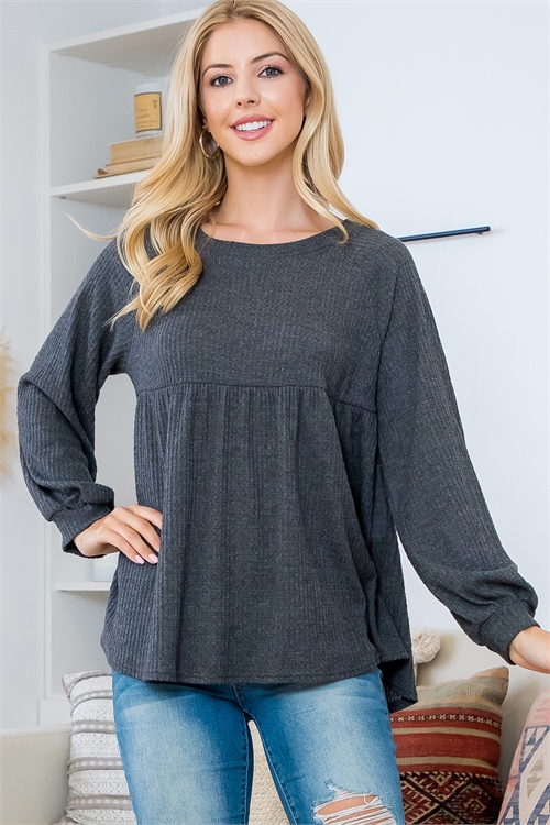 S13-1-3-YMT20017-CHL - PUFF SLEEVE BOAT NECKLINE WAFFLE TOP- CHARCOAL 1-2-2-2 (NOW $8.75 ONLY!)