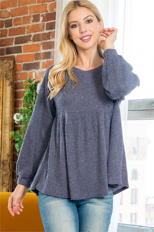 SA3-000-3-YMT20017-NV - PUFF SLEEVE BOAT NECKLINE WAFFLE TOP- NAVY 1-2-2-2 (NOW $8.75 ONLY!)