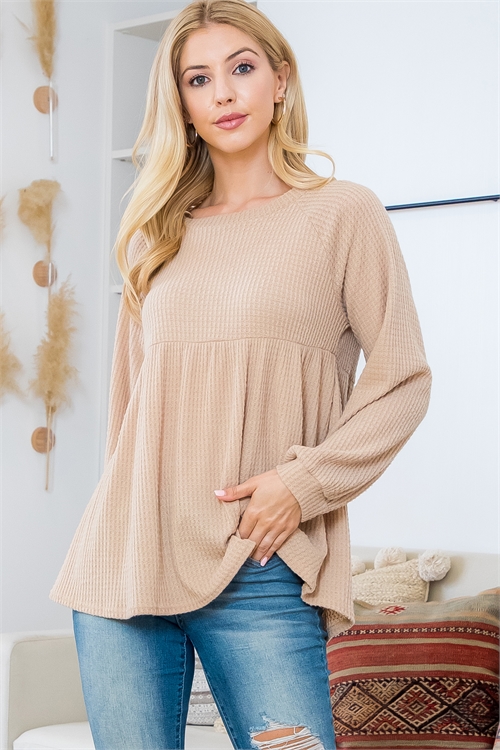 S13-9-3-YMT20017-TP - PUFF SLEEVE BOAT NECKLINE WAFFLE TOP- TAUPE 1-2-2-2 (NOW $8.75 ONLY!)