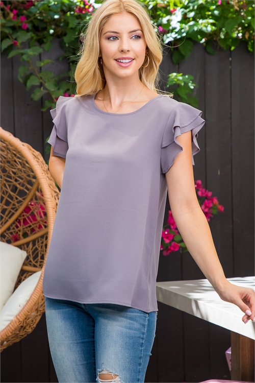 S8-4-2-YMT20018-GY - SHORT RUFFLE SLEEVE WOVEN TOP- GREY 1-2-2-2