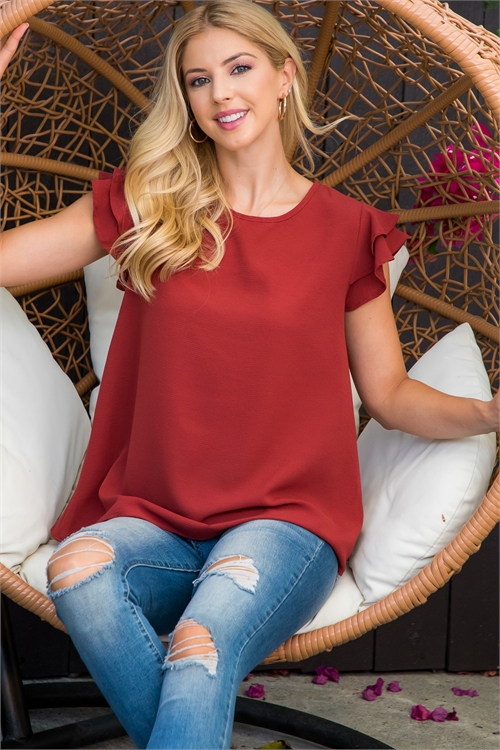 SA4-000-2-YMT20018-MAR - SHORT RUFFLE SLEEVE WOVEN TOP- MARSALA 1-2-2-2