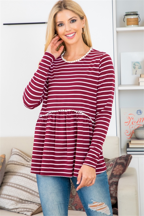 S11-15-2-YMT20020-BUIV - POMPOM DETAIL LONG SLEEVE STRIPES TOP- BURGUNDY/IVORY 1-2-2-2 (NOW $ 4.75 ONLY!)