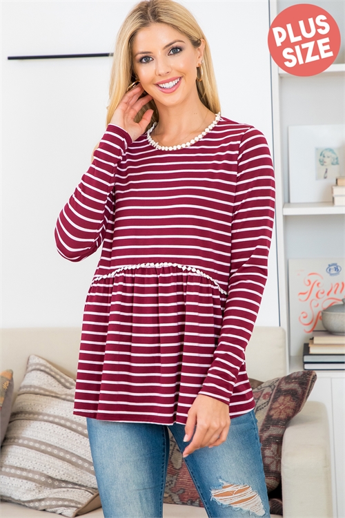 S12-4-1-YMT20020X-BUIV - PLUS SIZE POMPOM DETAIL LONG SLEEVE STRIPES TOP- BURGUNDY/IVORY 3-2-1 (NOW $5.75 ONLY!)