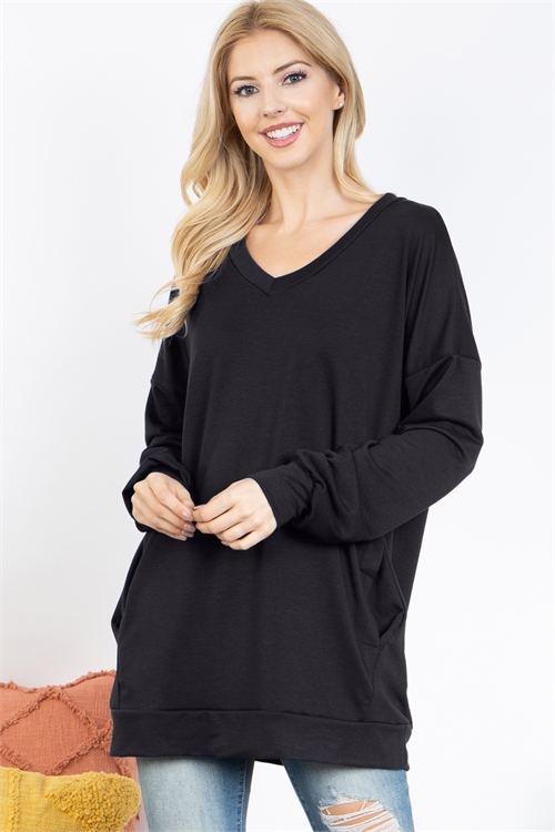 SA3-5-2-YMT20023-BK - OVERSIZED FRENCH TERRY V-NECK SWEATER WITH INSEAM POCKET- BLACK 1-2-2-2