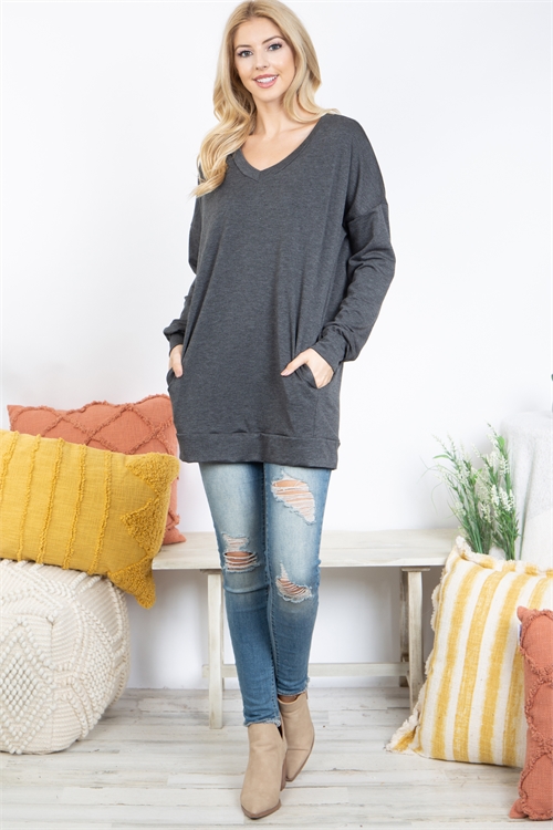 S13-10-2-YMT20023-CHL - OVERSIZED FRENCH TERRY V-NECK SWEATER WITH INSEAM POCKET- CHARCOAL 1-2-2-2