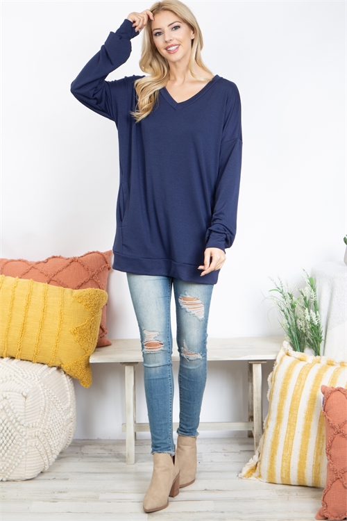 SA3-5-4-YMT20023-NV - OVERSIZED FRENCH TERRY V-NECK SWEATER WITH INSEAM POCKET- NAVY 1-2-2-2