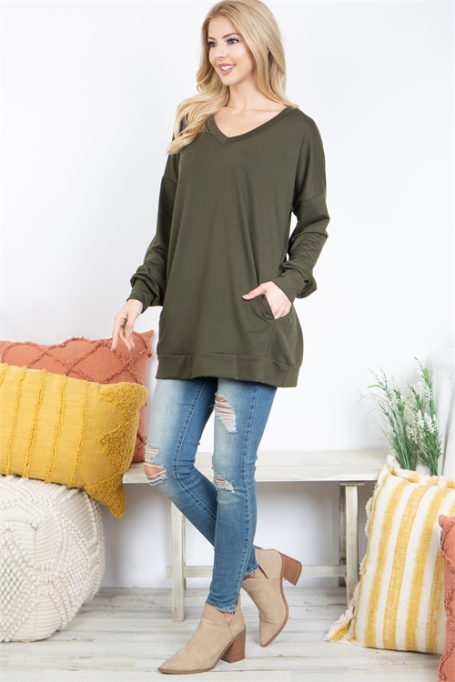 S10-14-1-YMT20023-OV - OVERSIZED FRENCH TERRY V-NECK SWEATER WITH INSEAM POCKET- OLIVE 1-2-2-2