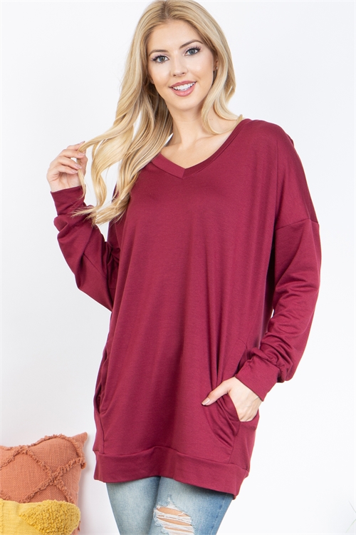 SA3-6-3-YMT20023-WN - OVERSIZED FRENCH TERRY V-NECK SWEATER WITH INSEAM POCKET- WINE 1-2-2-2