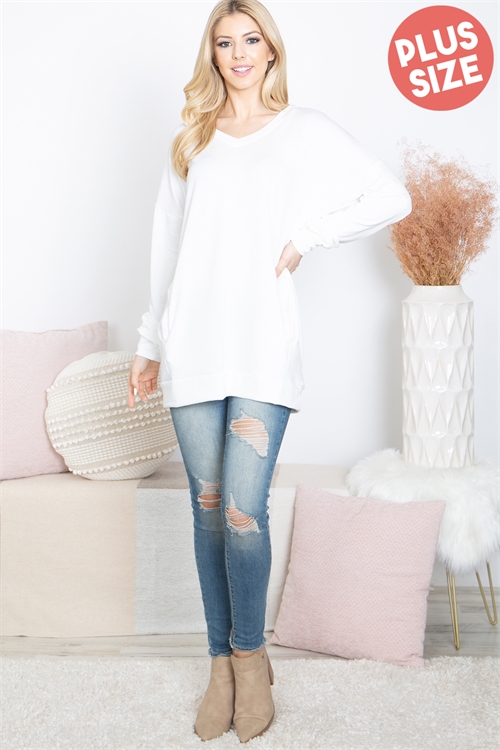 S10-15-3-YMT20023X-IV-1 - PLUS SIZE OVERSIZED FRENCH TERRY V-NECK SWEATER WITH INSEAM POCKET- IVORY 0-3-0