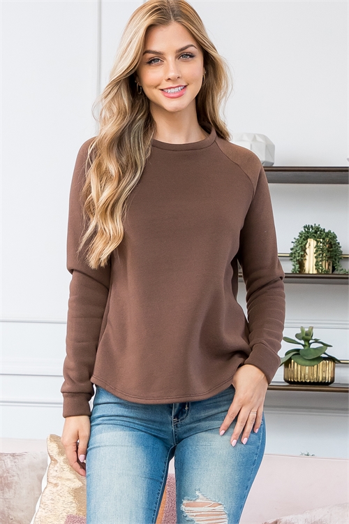 S7-1-1-YMT20024-CHCLT-1 - SOLID LONG SLEEVE PULLOVER TOP- CHOCOLATE 2-1-1-3(NOW $5.75 ONLY!)