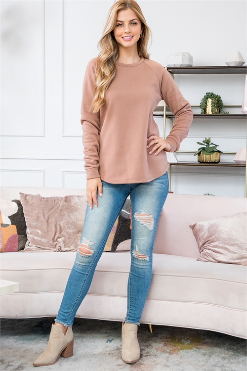 S12-4-4-YMT20024-CHSNT-1 - FLEECED LONG SLEEVE FRENCH TERRY PULLOVER TOP- CHESNUT 0-1-2-0-1(NOW $5.75 ONLY!)