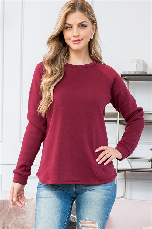 S12-4-4-YMT20024-OXBLD-1 - FLEECED LONG SLEEVE FRENCH TERRY PULLOVER TOP- OX BLOOD 1-2-0-0