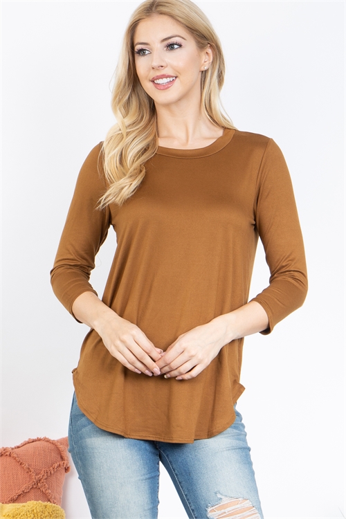 S6-7-3-YMT20025-DKCPC - DOLPHIN HEM QUARTER SLEEVE SOLID TOP- DARK CAPPUCCINO 1-2-2-2