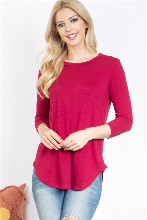 S5-7-3-YMT20025-RB - DOLPHIN HEM QUARTER SLEEVE SOLID TOP- RUBY 1-2-2-2