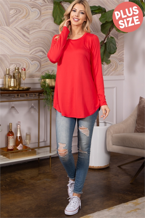 S11-12-3-YMT20033X-RD - PLUS SIZE SOLID ROUND HEM LONG SLEEVE TOP- RED 3-2-1