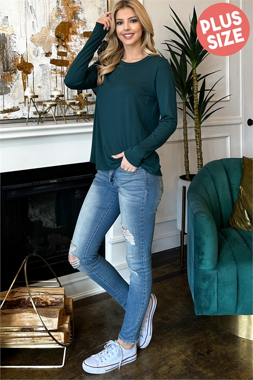 S11-5-3-YMT20035X-HTGN - PLUS SIZE SOLID ROUND NECK LONG SLEEVE TOP- HUNTER GREEN 3-2-1