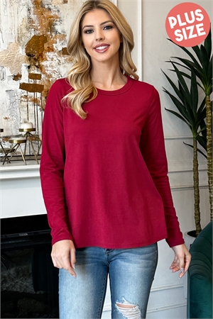 S4-7-4-YMT20035X-RB-1 - PLUS SIZE SOLID ROUND NECK LONG SLEEVE TOP- RUBY 2-2-1