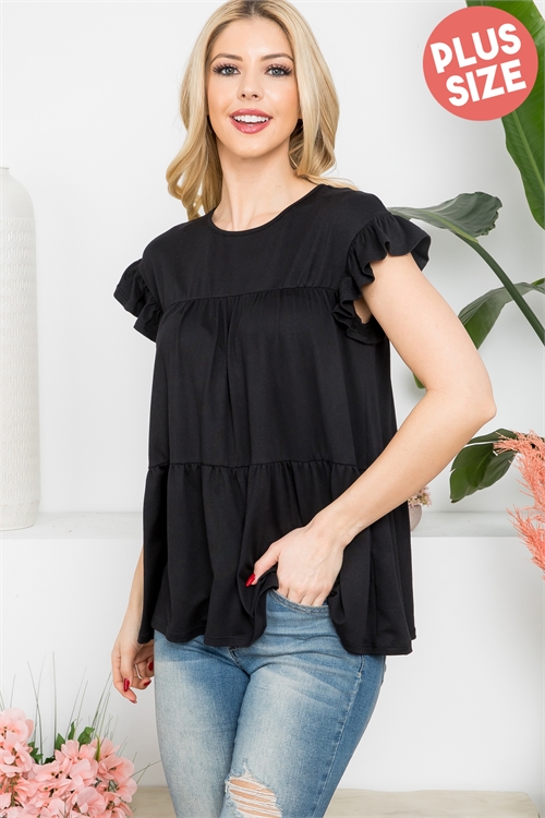 S10-14-2-YMT20039X-BK-1 - PLUS SIZE TIERED RUFFLE SOLID SWING TOP- BLACK 3-1-1