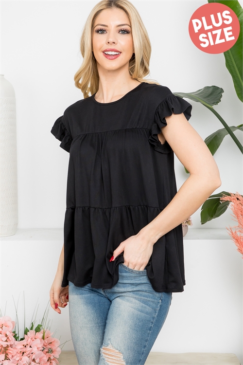 S16-8-2-YMT20039X-BK - PLUS SIZE TIERED RUFFLE SOLID SWING TOP- BLACK 3-2-1