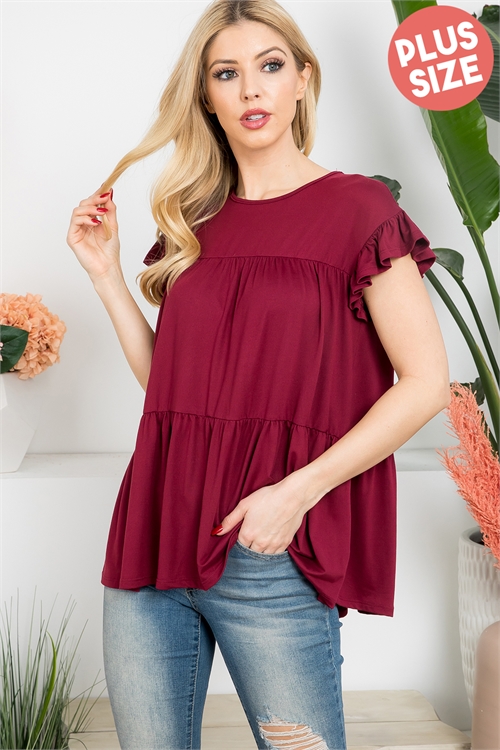 S10-10-4-YMT20039X-BU-1 - PLUS SIZE TIERED RUFFLE SOLID SWING TOP- BURGUNDY 2-2-1