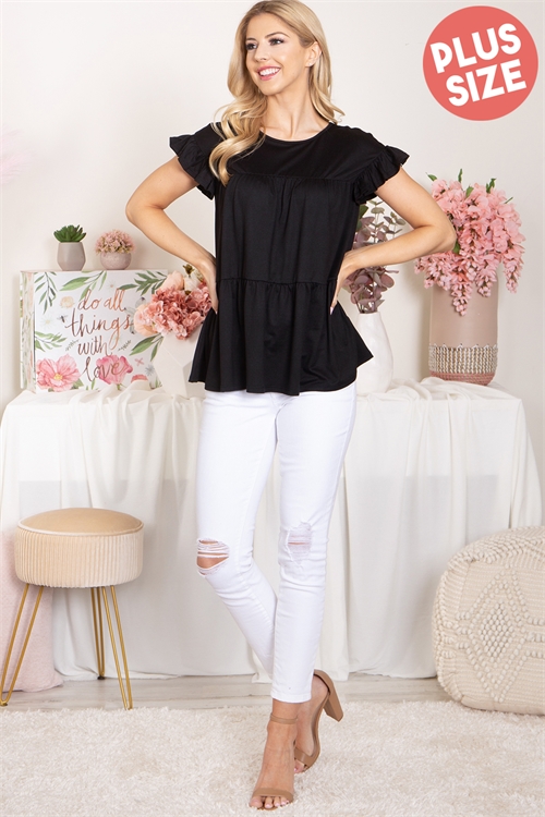 S16-1-3-YMT20039XV-BK - PLUS SIZE TIERED RUFFLE SOLID SWING TOP- BLACK 3-2-1